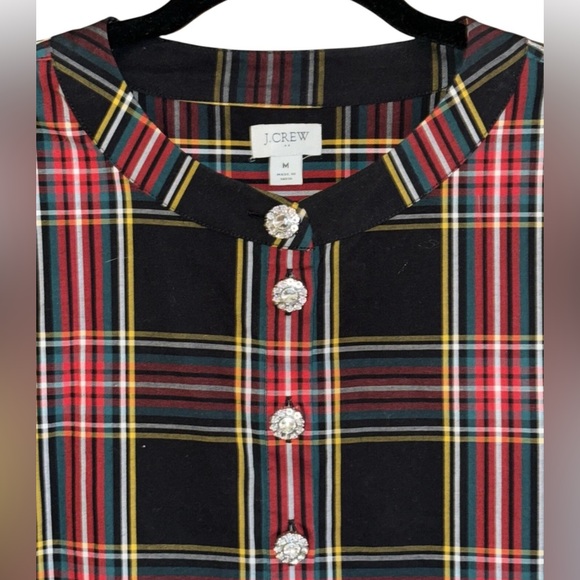 J. CREW Jeweled Button Popover Top Stewart Tartan Plaid Long Sleeve Stretch M - Picture 6 of 12